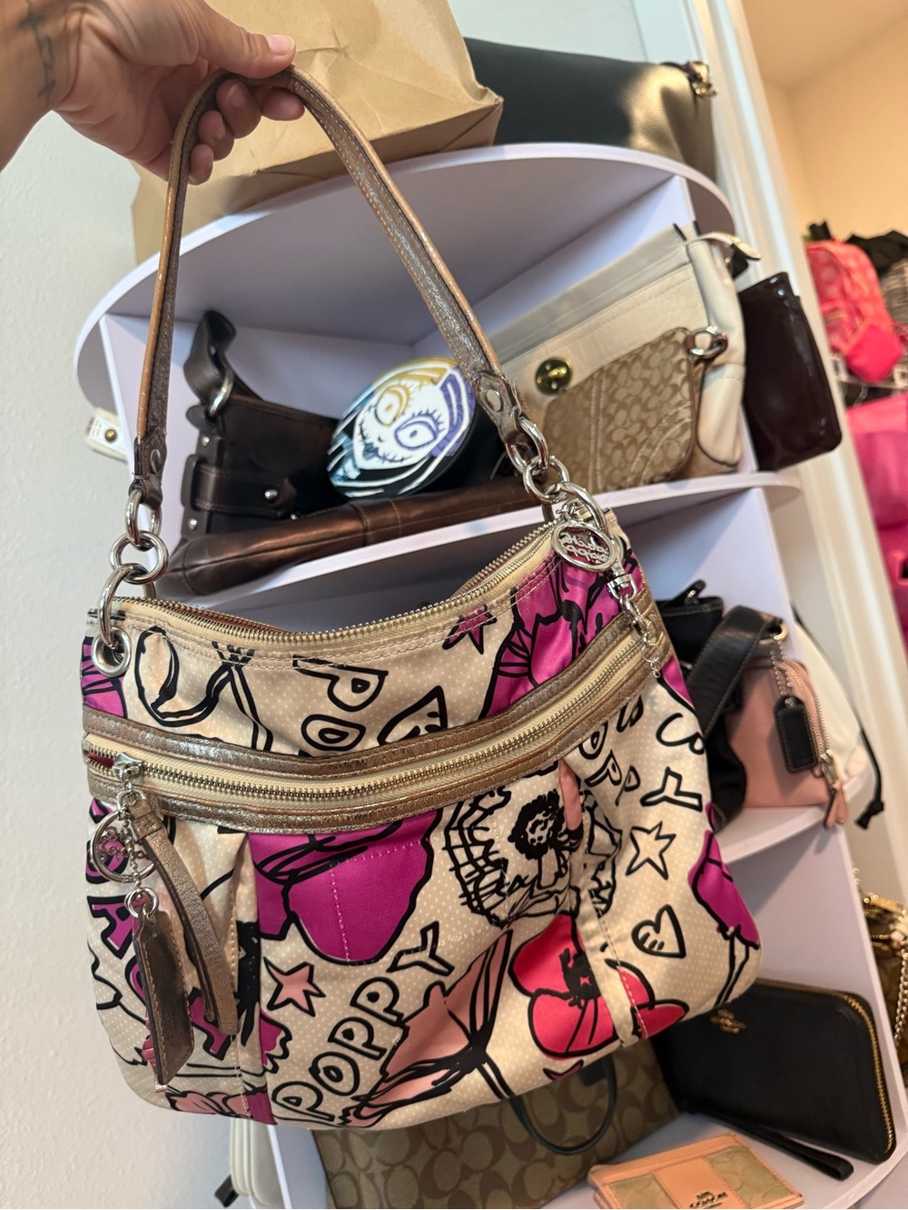 Coach Metallic Cream Shoulder Bag with Pink Floral Graphic